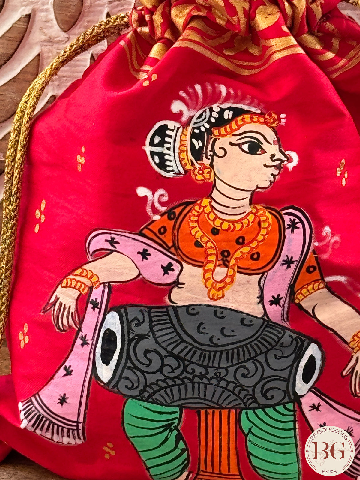 Pattachitra hand painted silk potli - Red