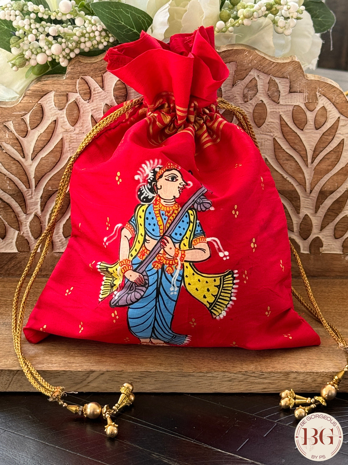 Pattachitra hand painted silk potli - Red