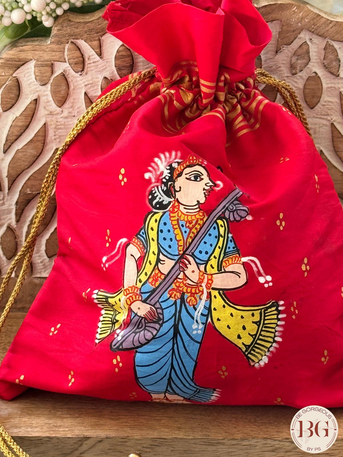 Pattachitra hand painted silk potli - Red