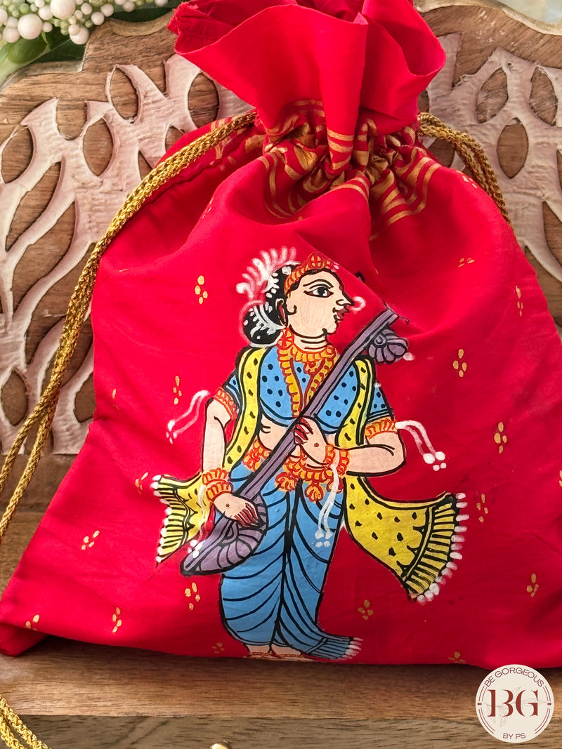 Pattachitra hand painted silk potli - Red