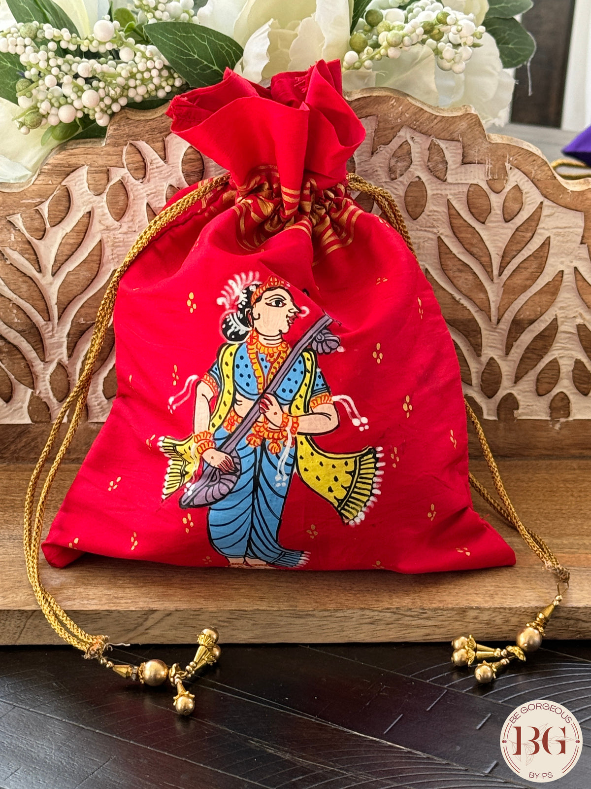 Pattachitra hand painted silk potli - Red