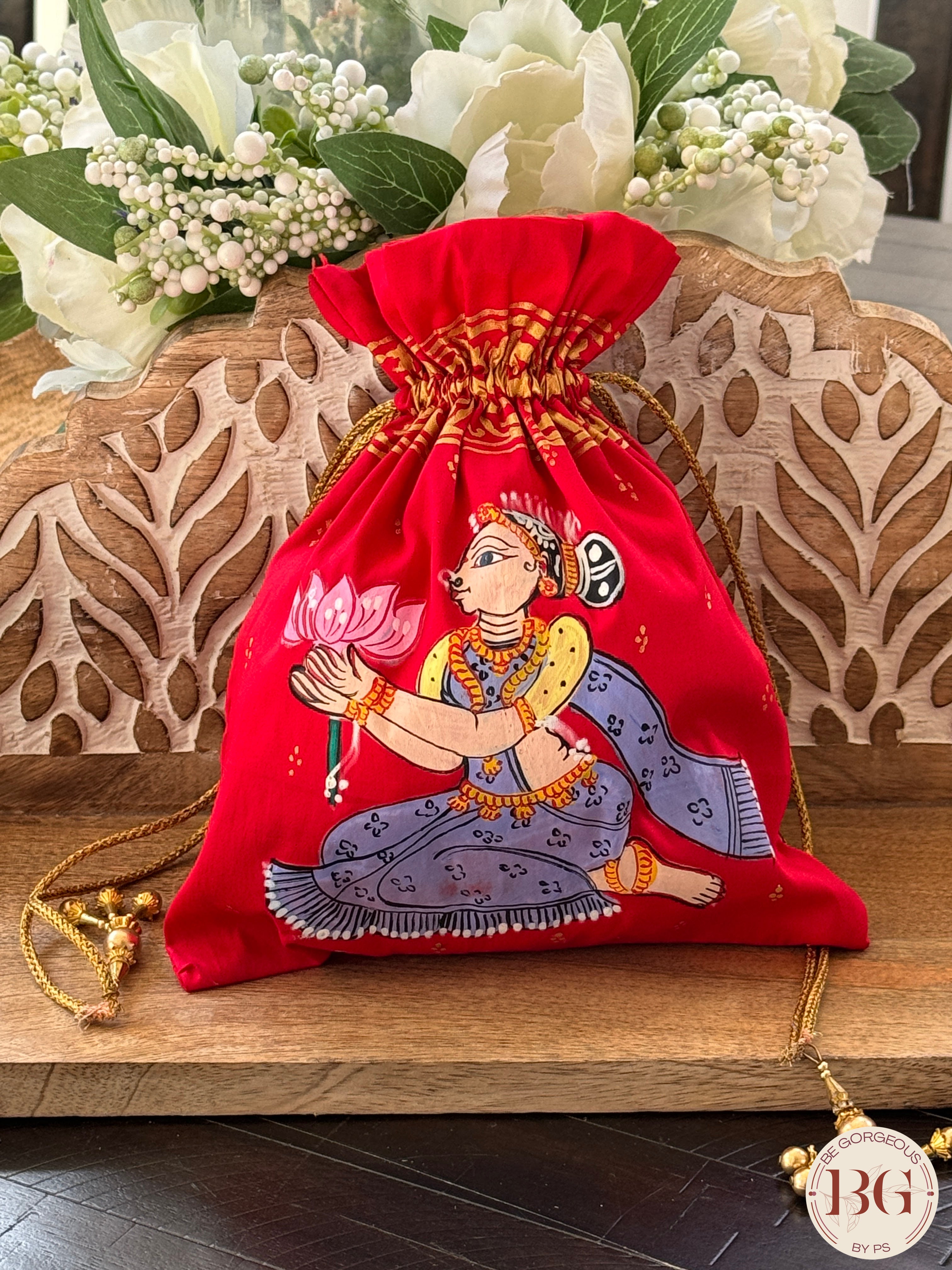 Pattachitra hand painted silk potli - Red