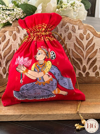 Pattachitra hand painted silk potli - Red