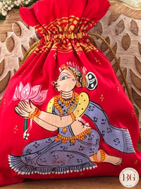 Pattachitra hand painted silk potli - Red