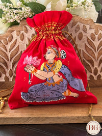 Pattachitra hand painted silk potli - Red