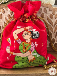 Pattachitra hand painted silk potli - Red