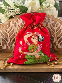 Pattachitra hand painted silk potli - Red