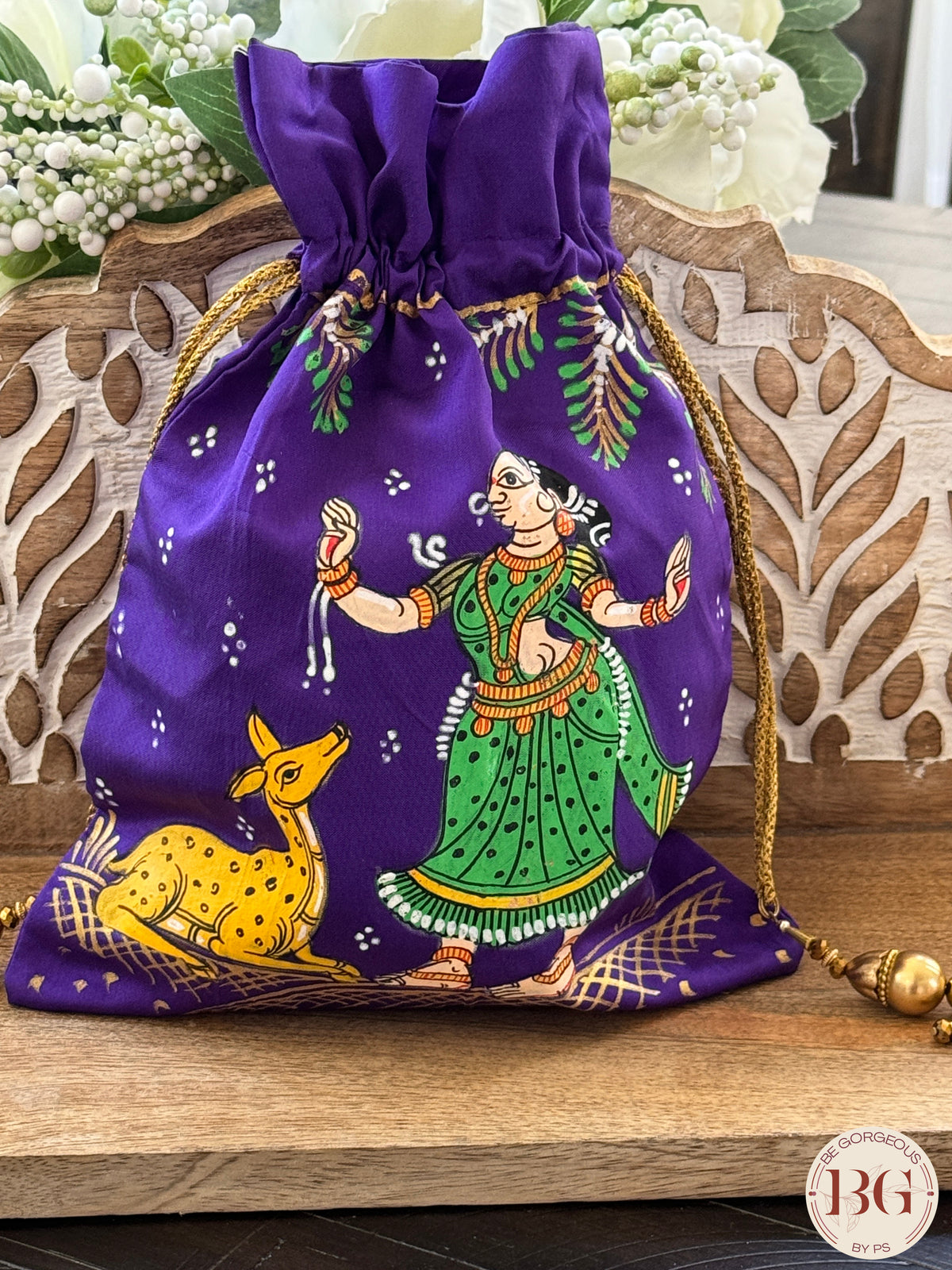 Pattachitra hand painted silk potli - Purple