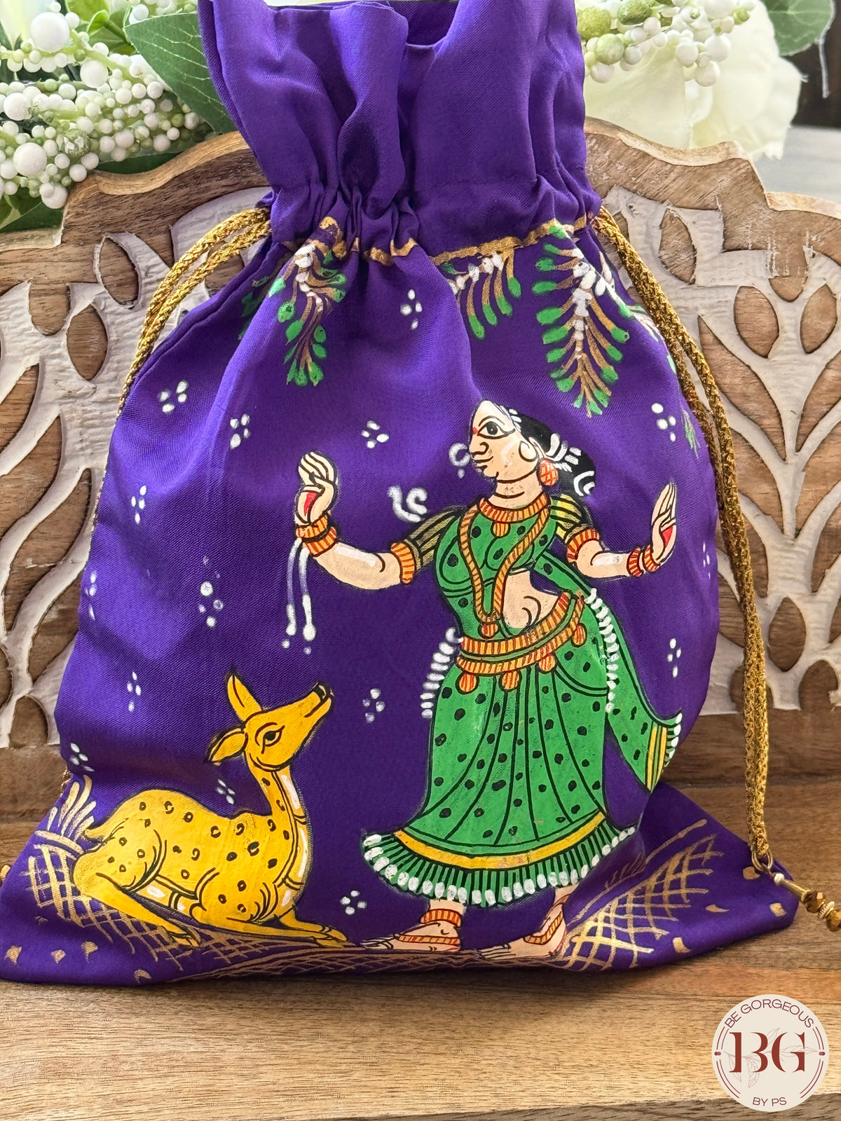 Pattachitra hand painted silk potli - Purple