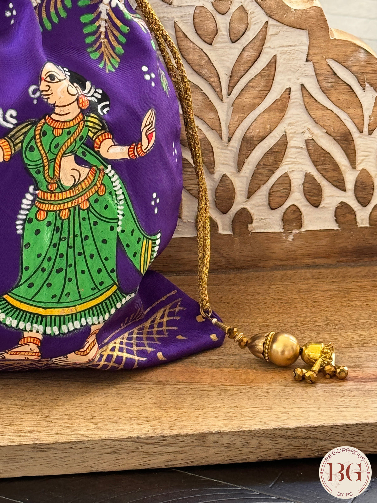 Pattachitra hand painted silk potli - Purple