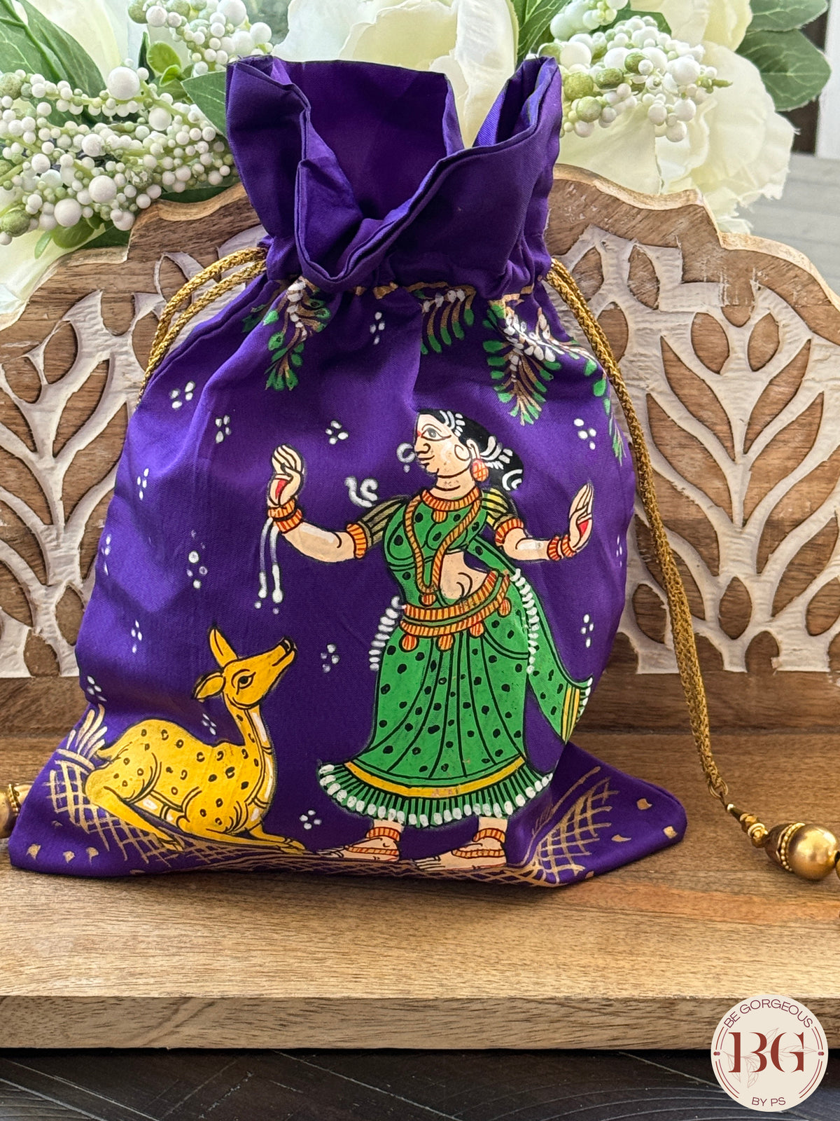 Pattachitra hand painted silk potli - Purple