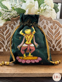 Pattachitra hand painted silk potli - Bottle Green