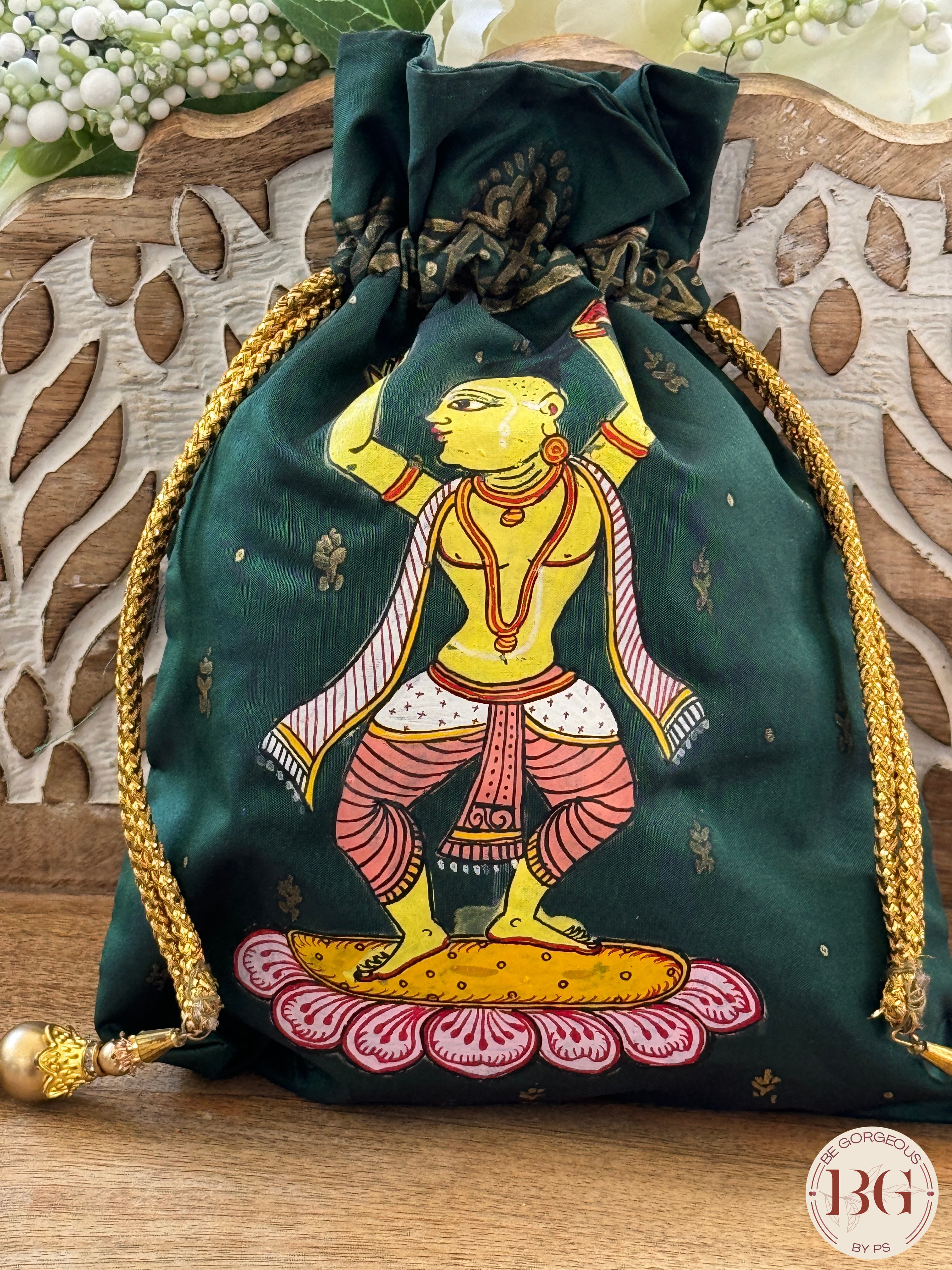 Pattachitra hand painted silk potli - Bottle Green