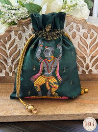 Pattachitra hand painted silk potli - Bottle Green