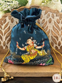 Pattachitra hand painted silk potli - Turquoise Blue