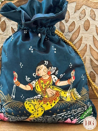 Pattachitra hand painted silk potli - Turquoise Blue