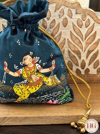 Pattachitra hand painted silk potli - Turquoise Blue