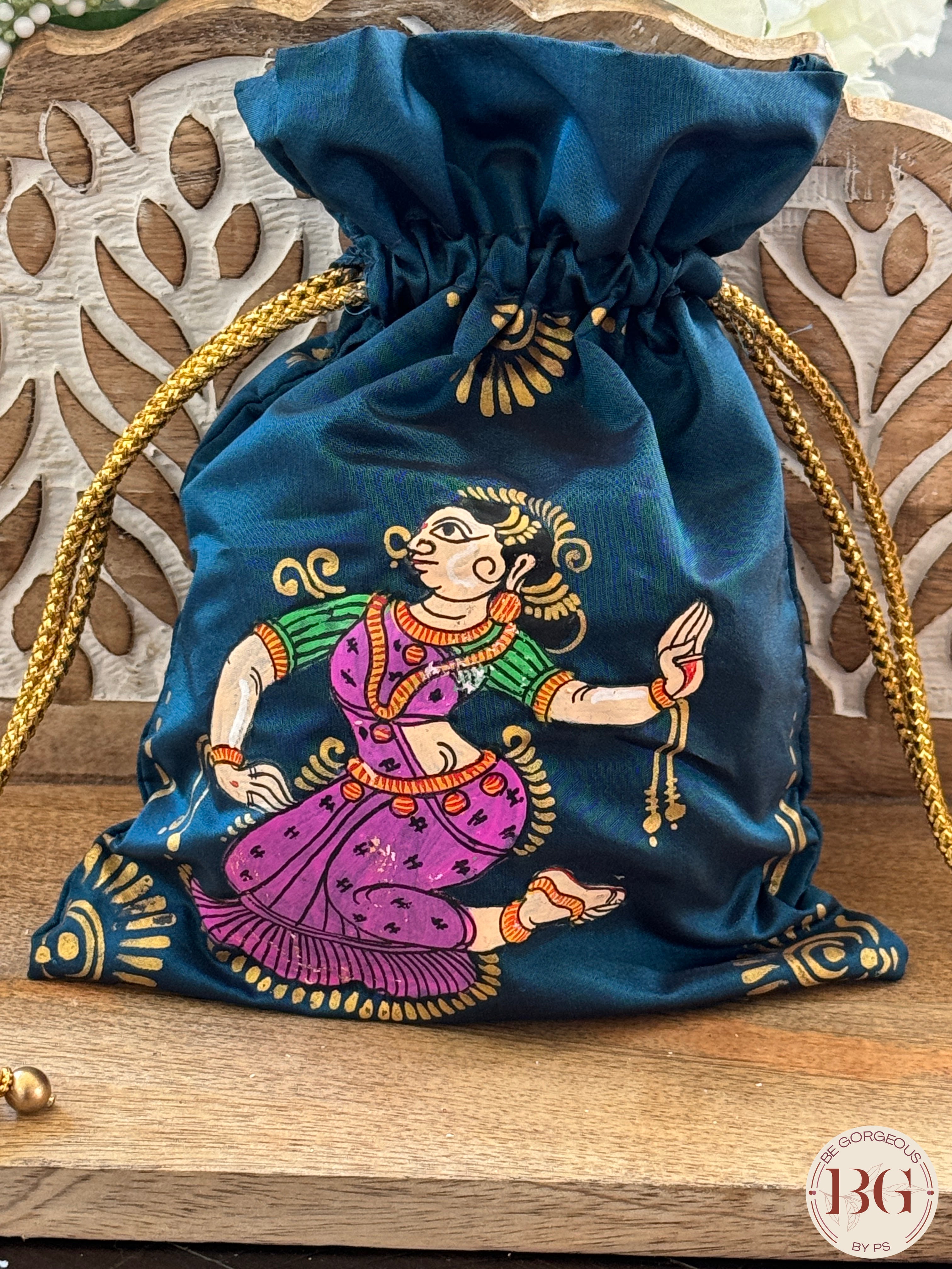 Pattachitra hand painted silk potli - Turquoise Blue