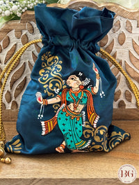 Pattachitra hand painted silk potli - Turquoise Blue