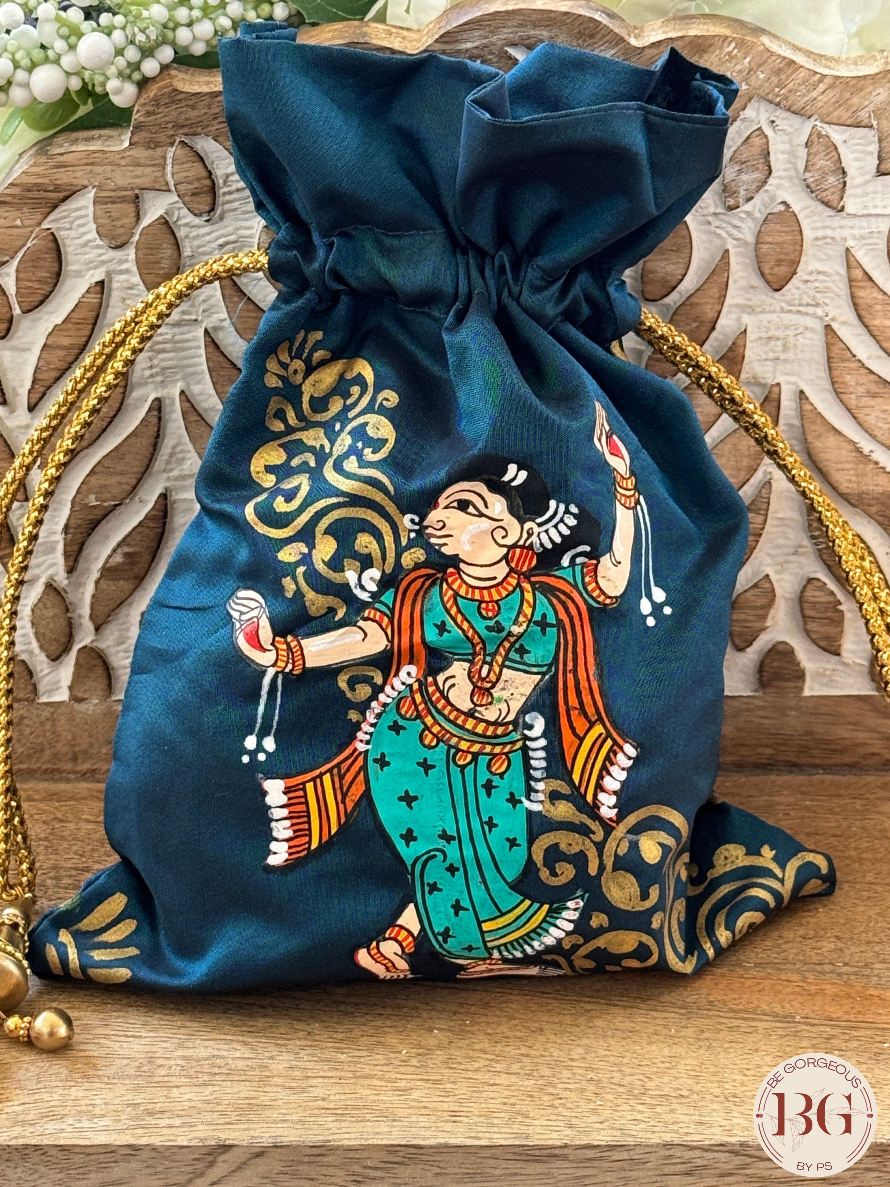 Pattachitra hand painted silk potli - Turquoise Blue