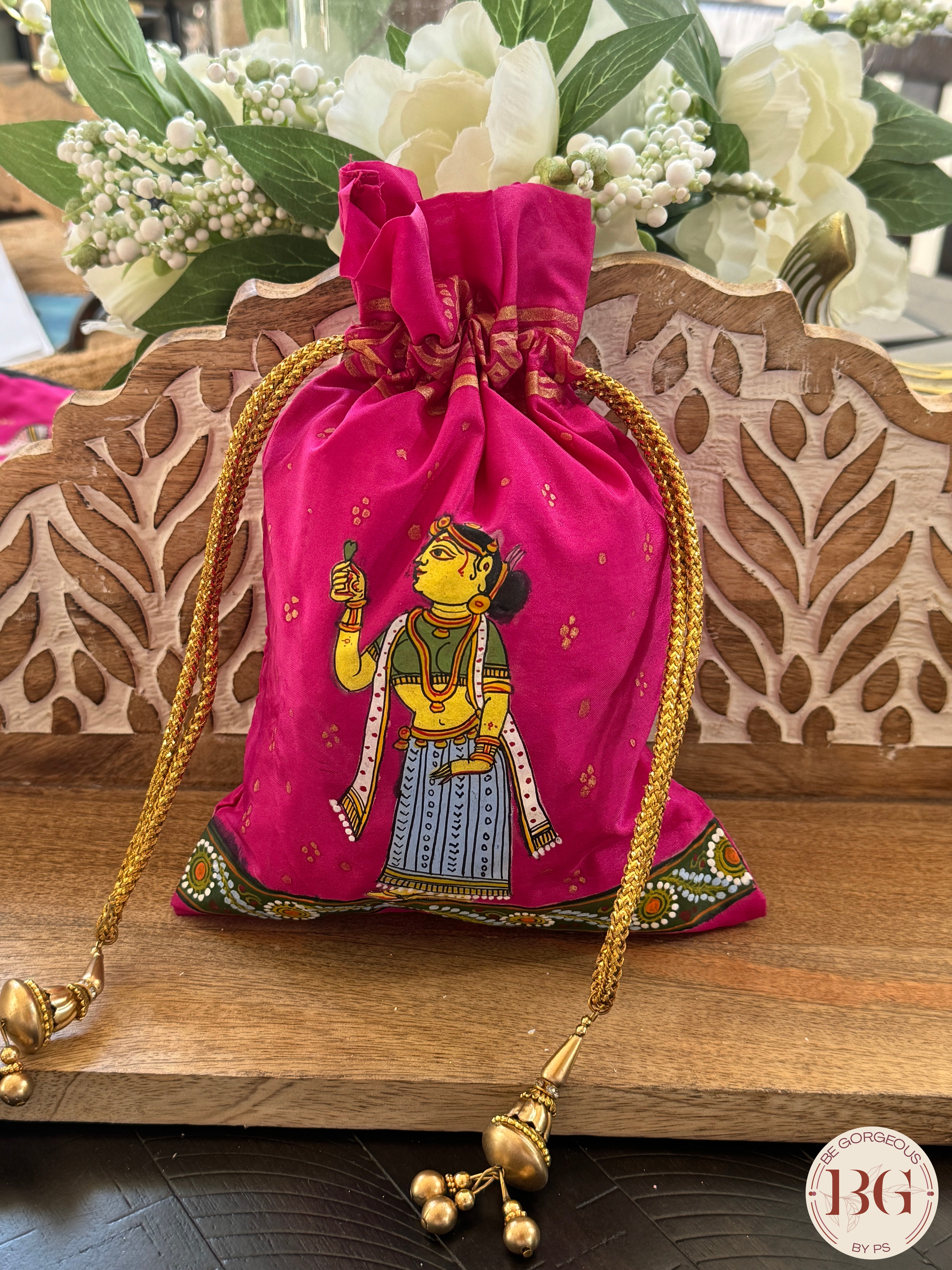 Pattachitra hand painted silk potli - Hot Pink