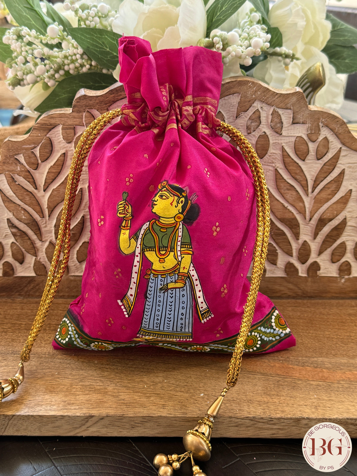 Pattachitra hand painted silk potli - Hot Pink