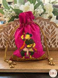 Pattachitra hand painted silk potli - Hot Pink