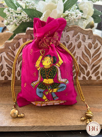 Pattachitra hand painted silk potli - Hot Pink