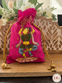 Pattachitra hand painted silk potli - Hot Pink