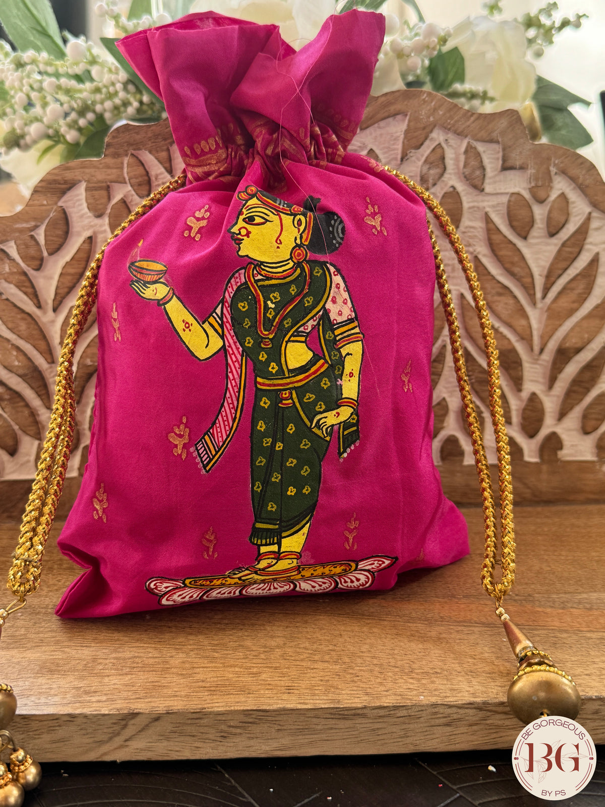 Pattachitra hand painted silk potli - Hot Pink