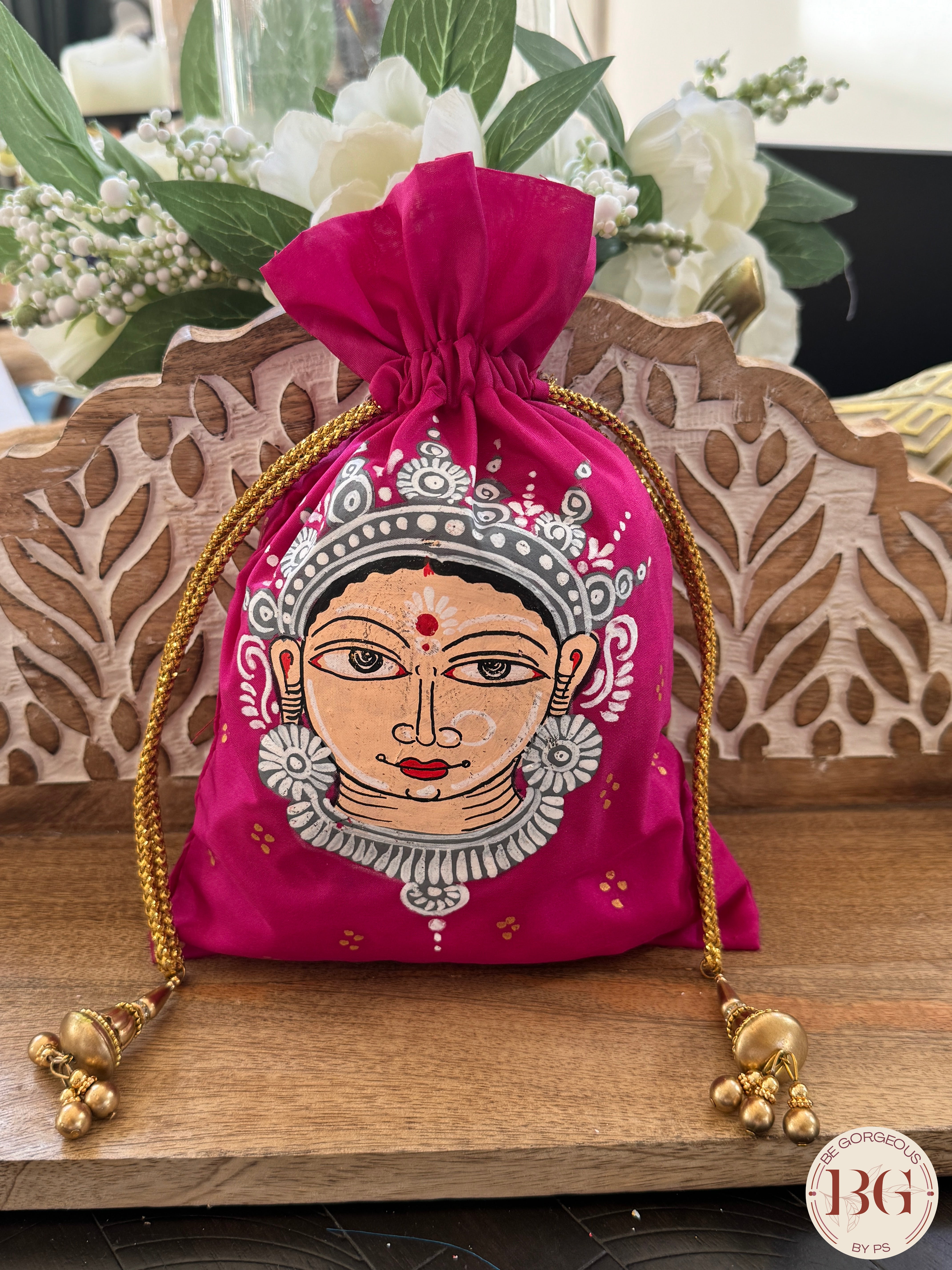 Pattachitra hand painted silk potli - Hot Pink