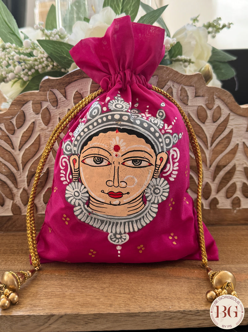 Pattachitra hand painted silk potli - Hot Pink