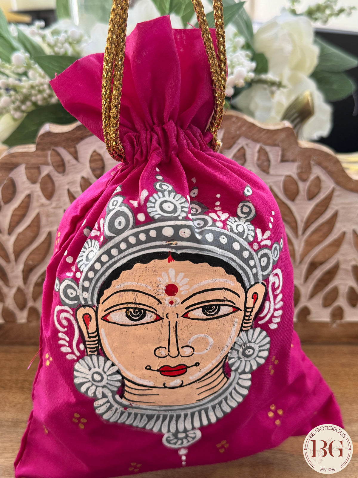 Pattachitra hand painted silk potli - Hot Pink