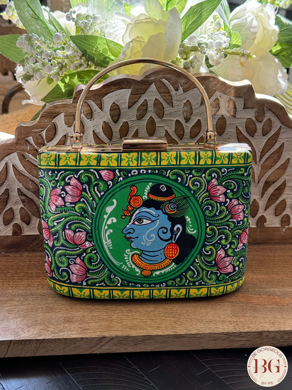 Pattachitra hand painted silk clutch - Green