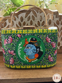 Pattachitra hand painted silk clutch - Green