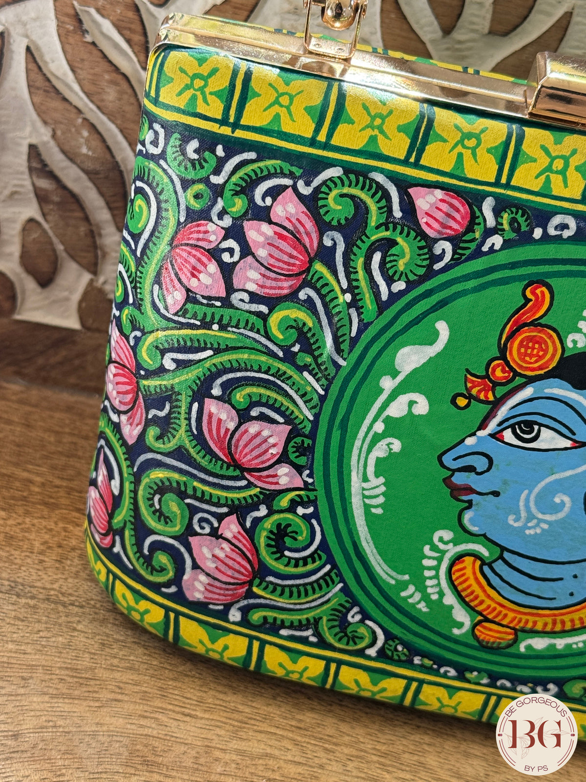 Pattachitra hand painted silk clutch - Green