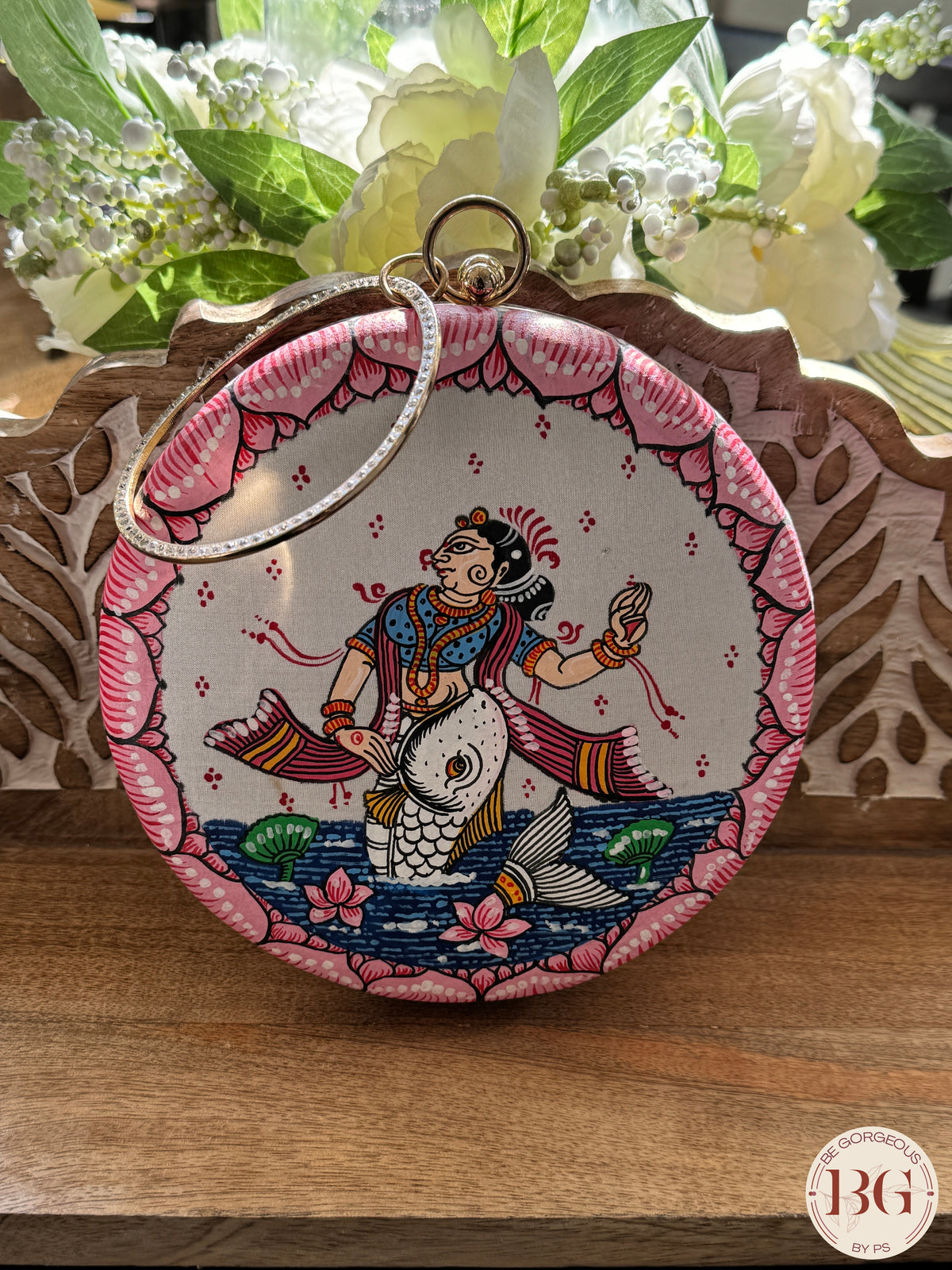 Pattachitra hand painted silk clutch - Pink