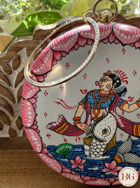 Pattachitra hand painted silk clutch - Pink