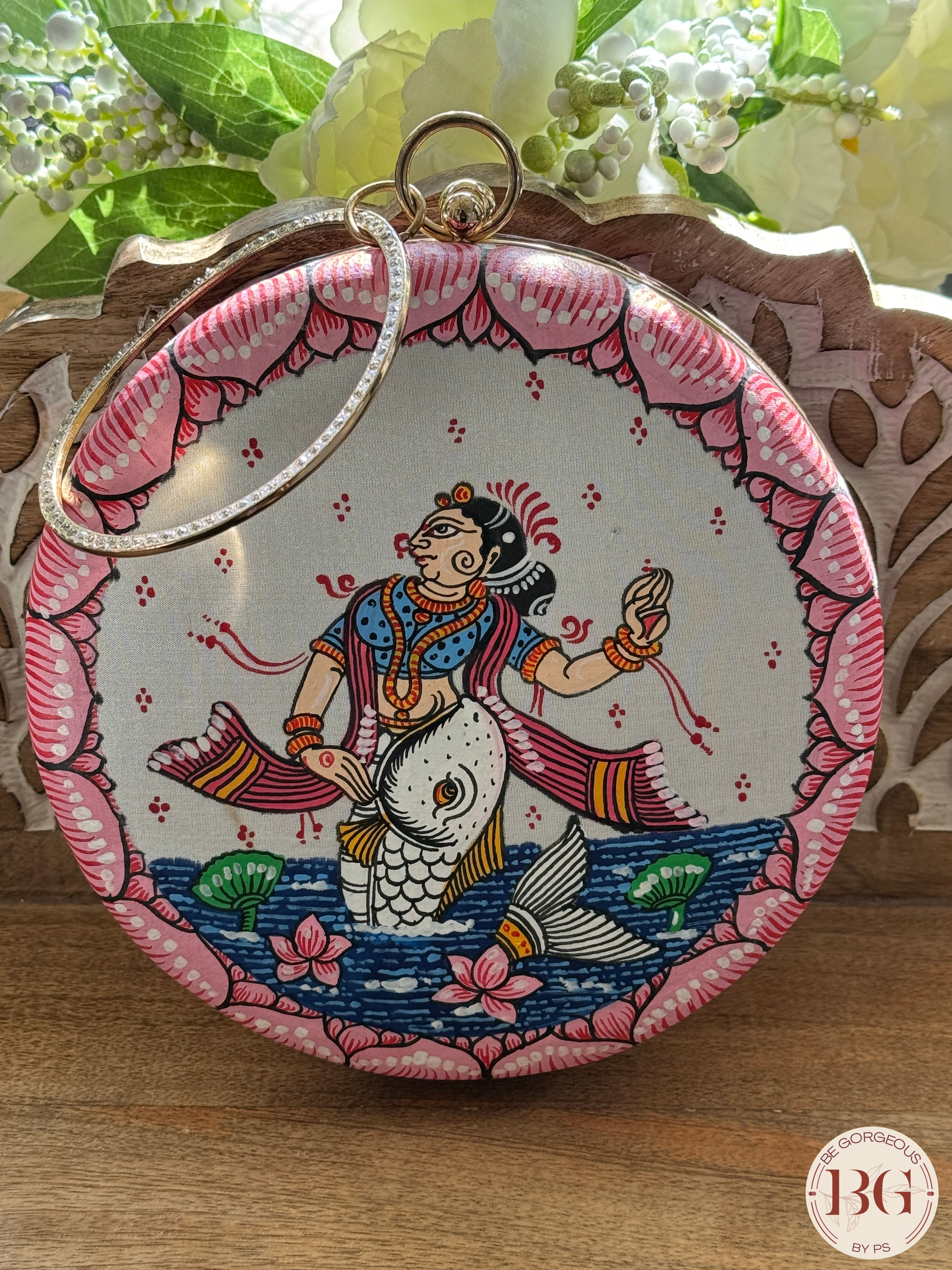 Pattachitra hand painted silk clutch - Pink