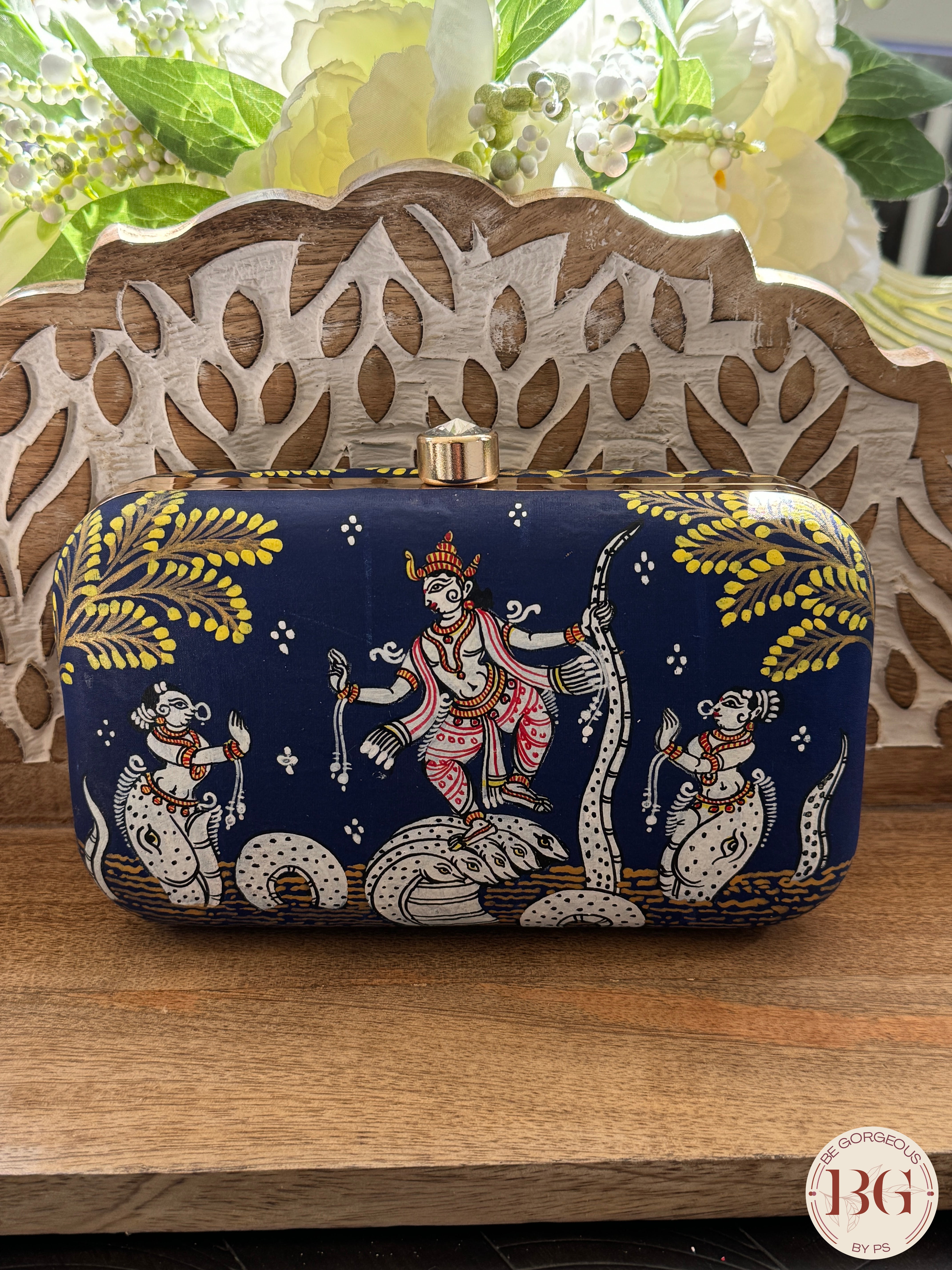 Pattachitra hand painted silk clutch - Blue