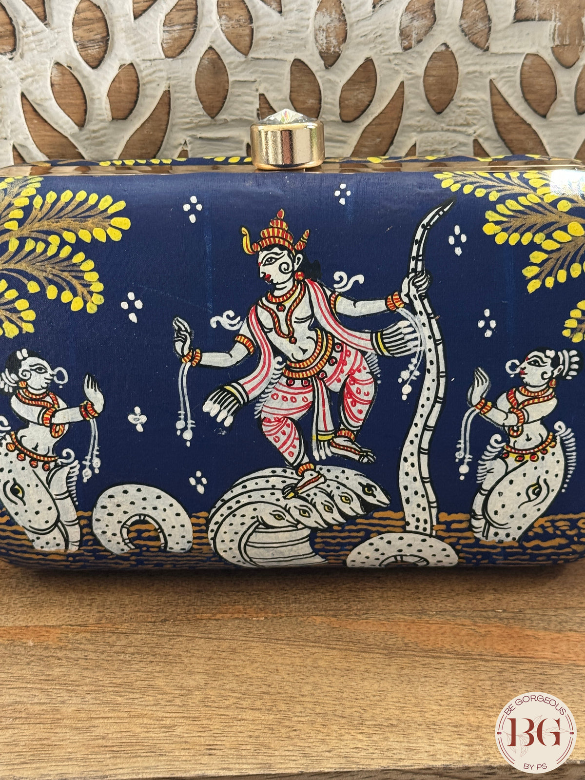 Pattachitra hand painted silk clutch - Blue