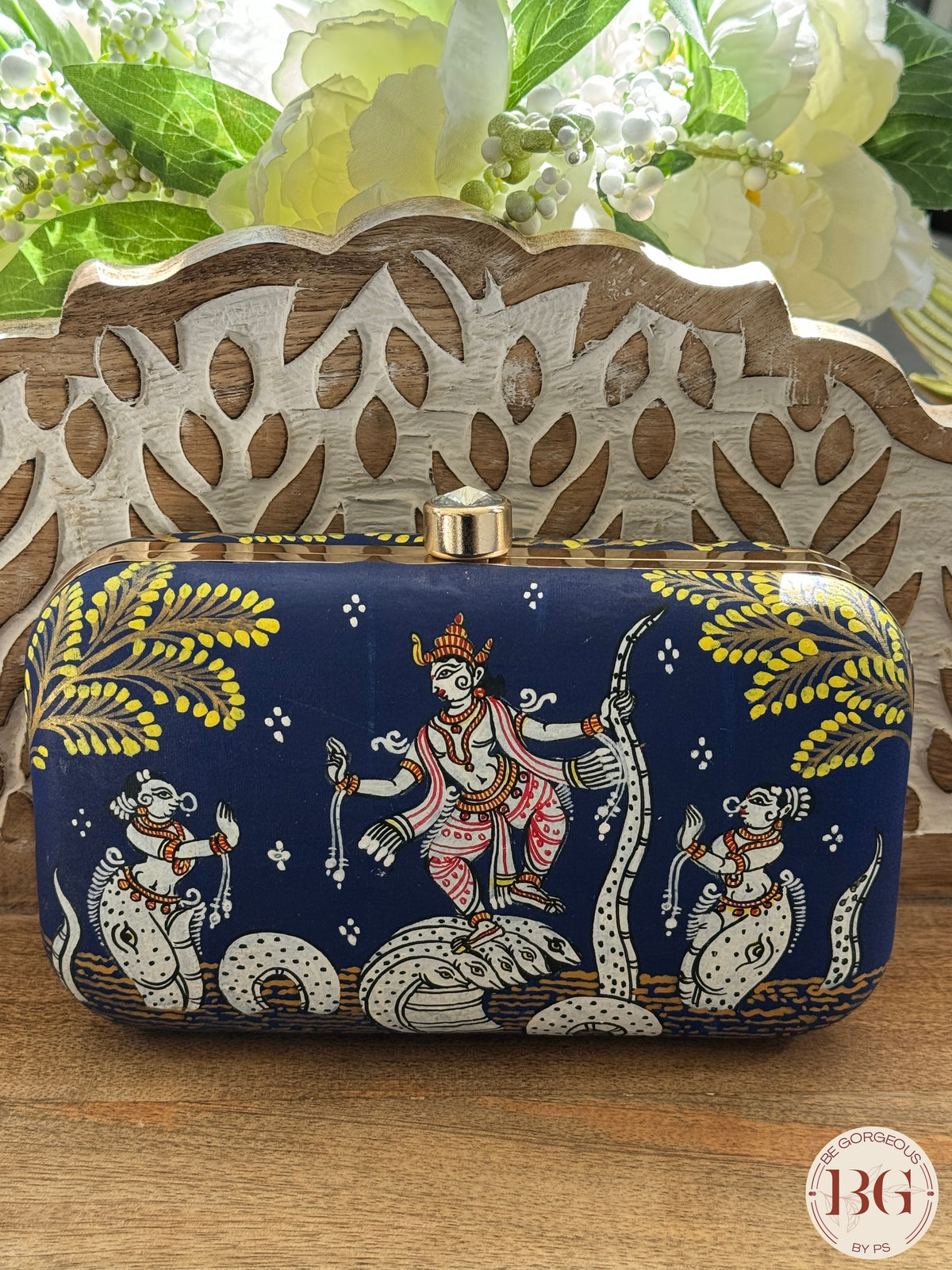 Pattachitra hand painted silk clutch - Blue