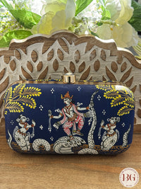 Pattachitra hand painted silk clutch - Blue