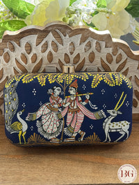 Pattachitra hand painted silk clutch - Blue