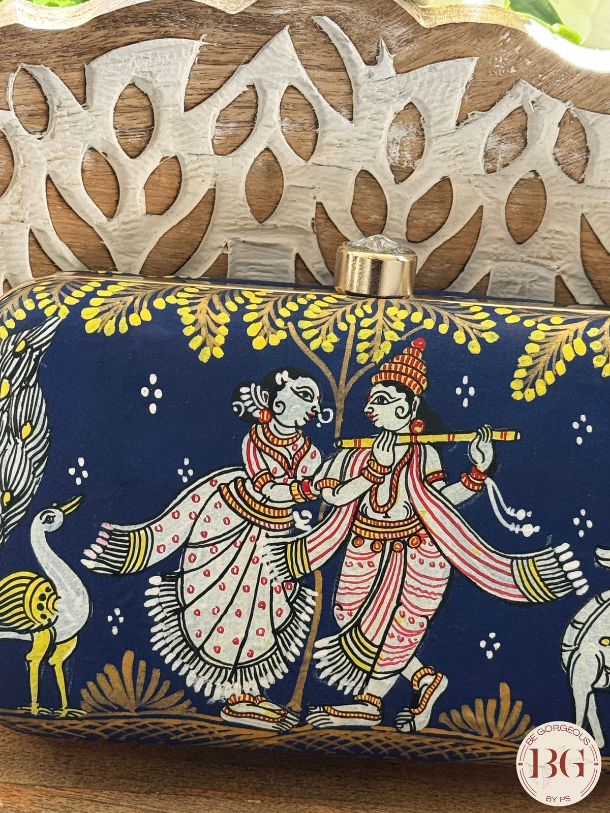 Pattachitra hand painted silk clutch - Blue