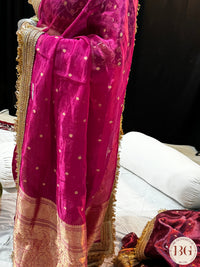 Banarasi Handwoven Tissue Silk Saree with gota lace - Rani Pink