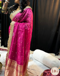 Banarasi Handwoven Tissue Silk Saree with gota lace - Rani Pink