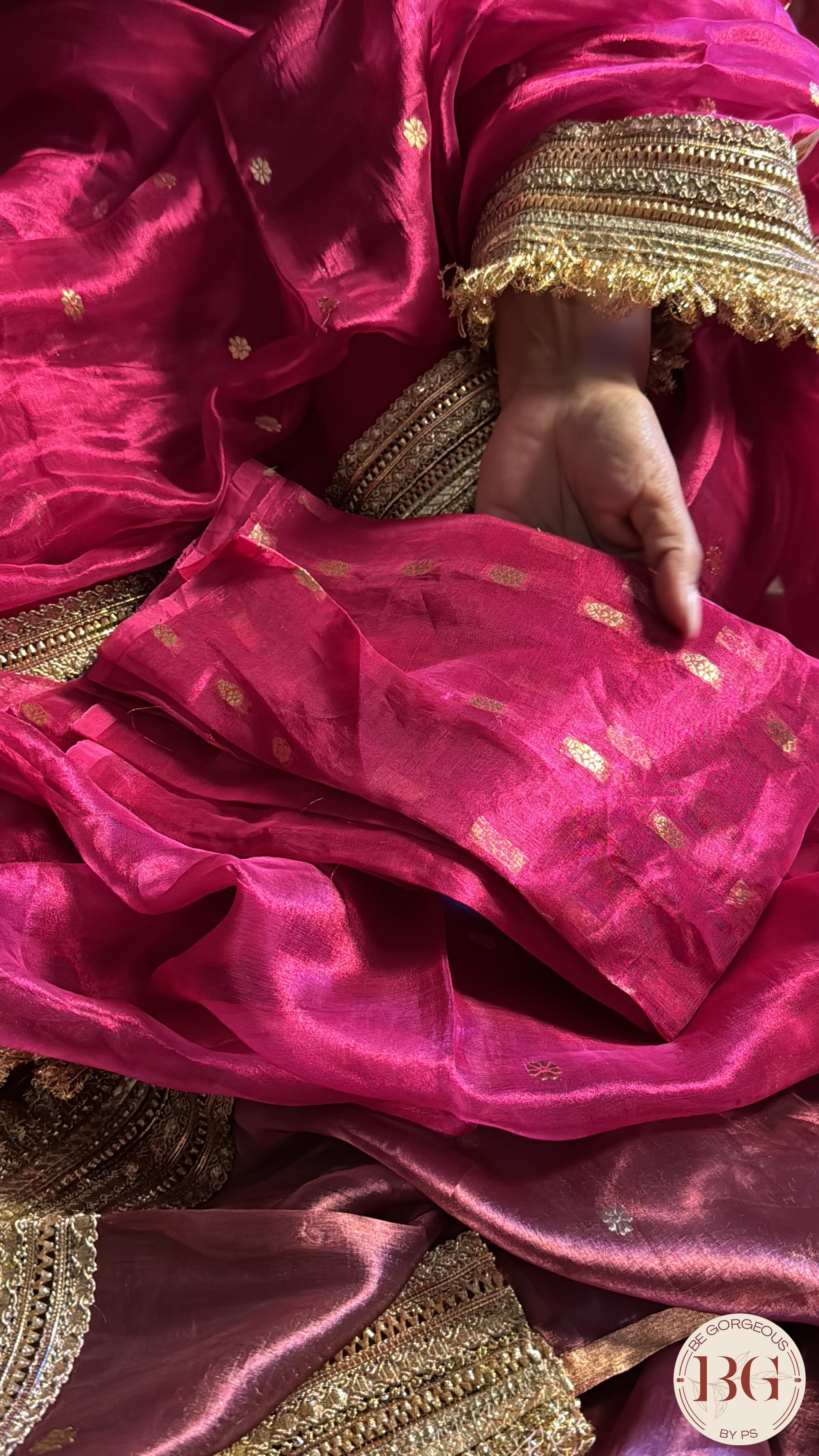 Banarasi Handwoven Tissue Silk Saree with gota lace - Rani Pink