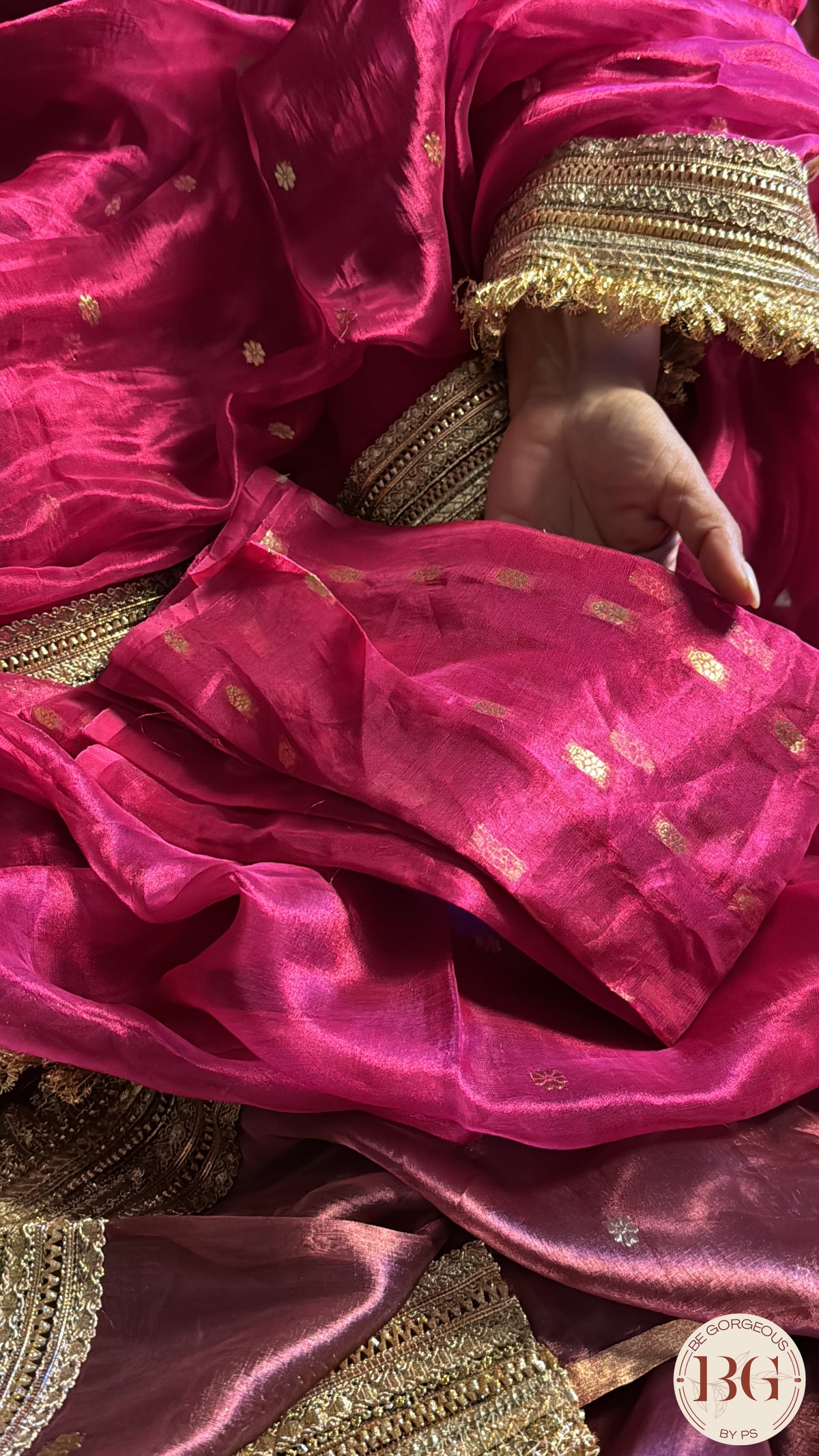 Banarasi Handwoven Tissue Silk Saree with gota lace - Rani Pink