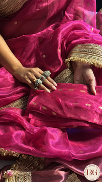 Banarasi Handwoven Tissue Silk Saree with gota lace - Rani Pink